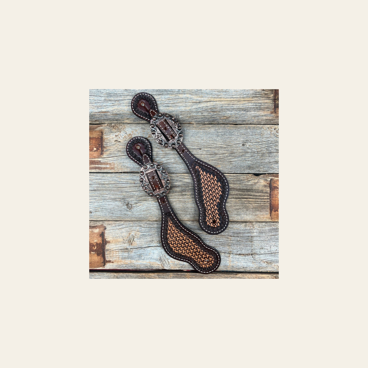 Two Tone Foxtail Copper Dot Spur Straps #SS123 on a warm cream background