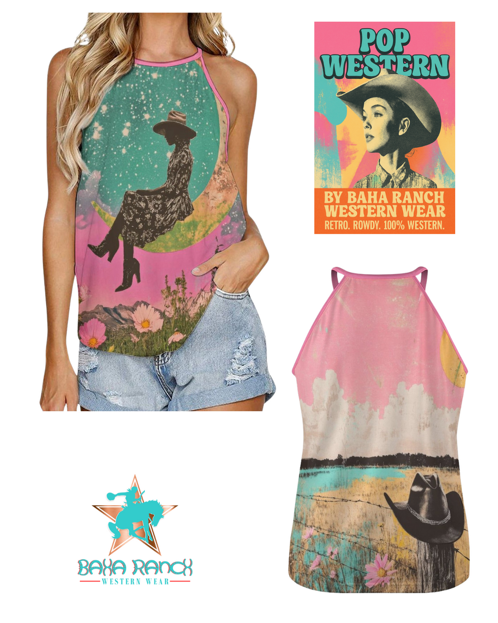 Baha Ranch Cowgirl on the Moon Retro Pop Western Tank Top by Baha Ranch Western Wear