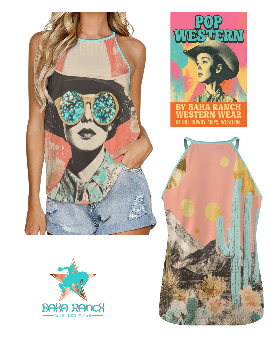 Baha Ranch Turquoise Cowgirl Retro Pop Western Tank Top by Baha Ranch Western Wear