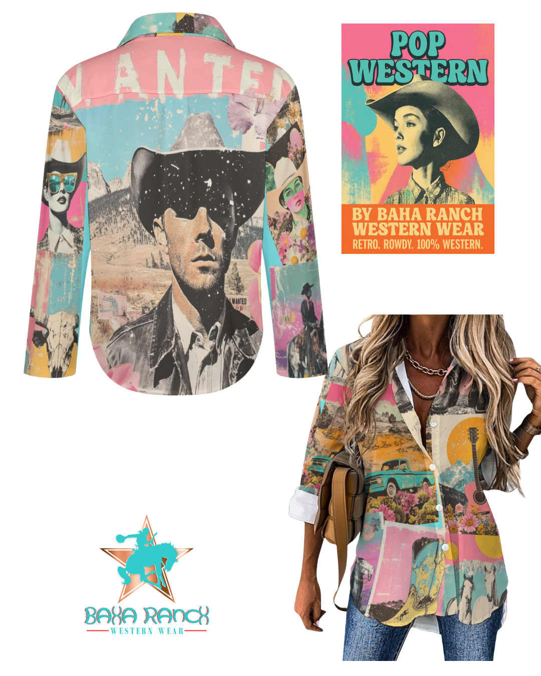 Baha Ranch Pop Western Wanted Collage Button Up Shirt by Baha Ranch Western Wear