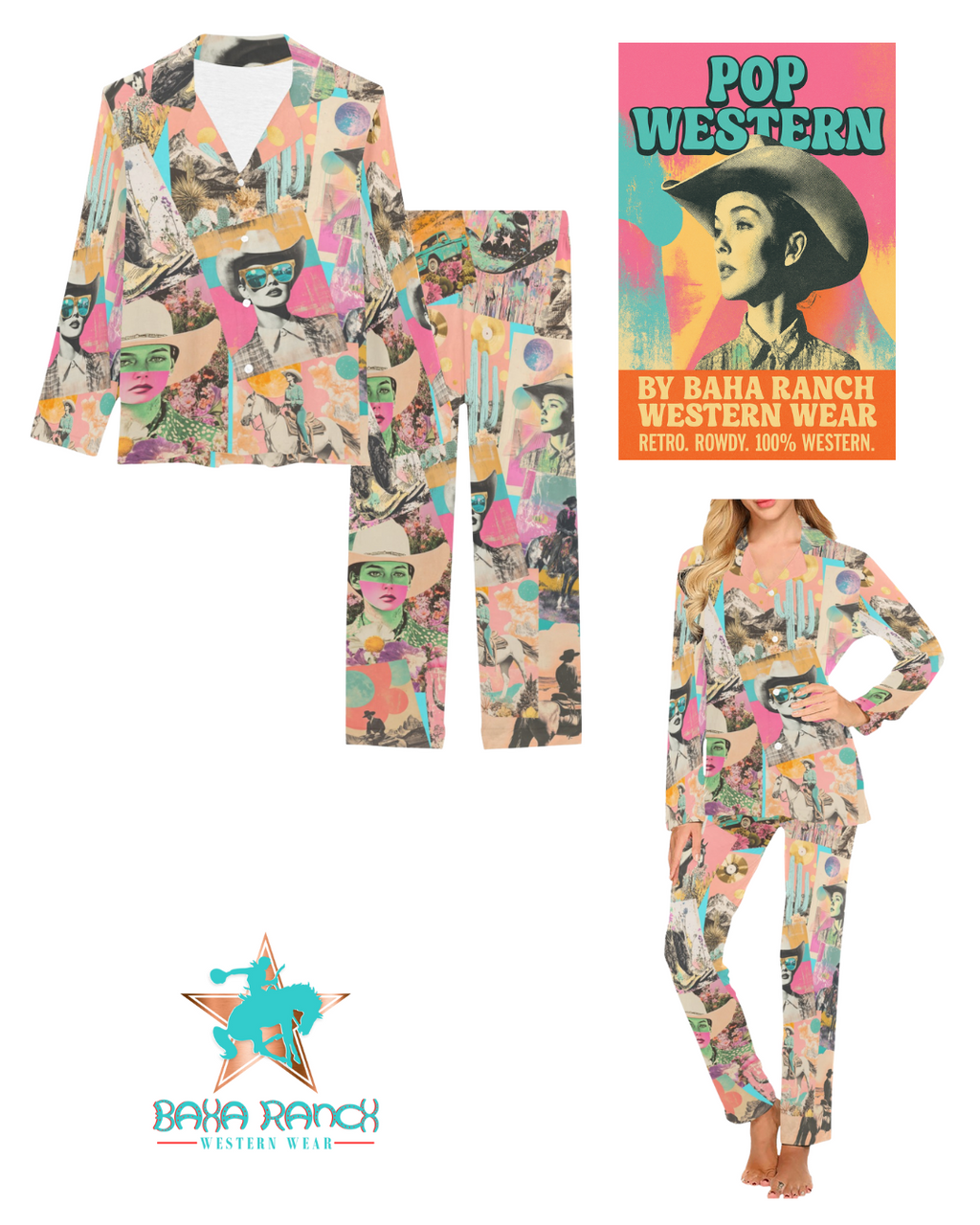 Baha Ranch Retro Pop Western Collage Pajama Set by Baha Ranch Western Wear