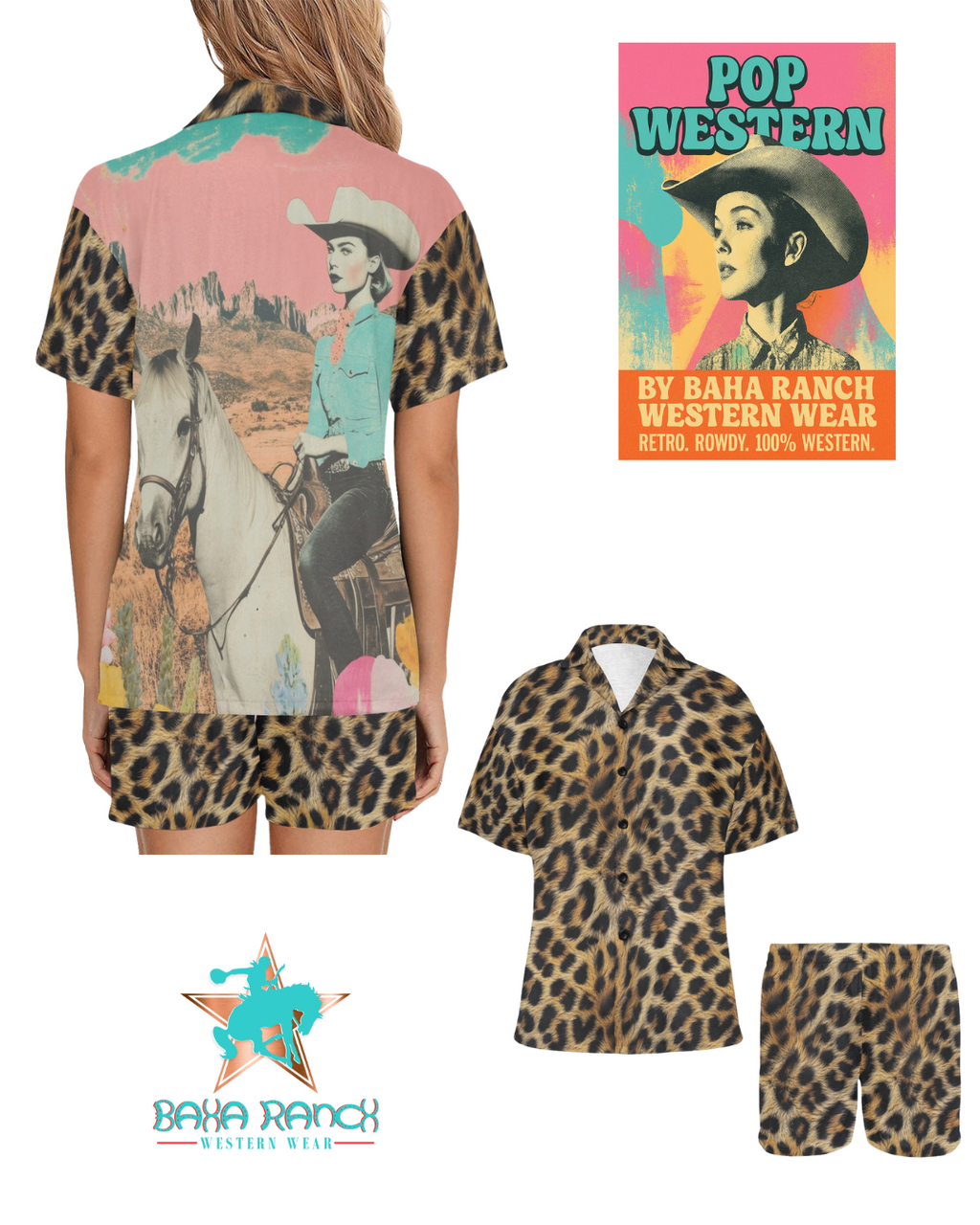 Baha Ranch Retro Pop Western Leopard Cowgirl Pajama Set by Baha Ranch Western Wear