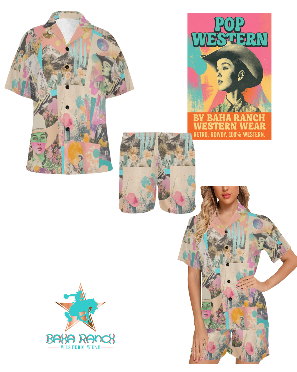 Baha Ranch Retro Pop Western Collage Pajama Set by Baha Ranch Western Wear