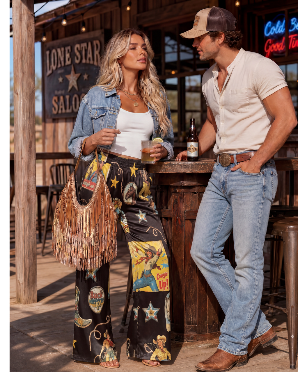 Baha Ranch Vintage Cowgirl Collage High Waisted Wide Leg Pants Inclusive Sizing by Baha Ranch Western Wear