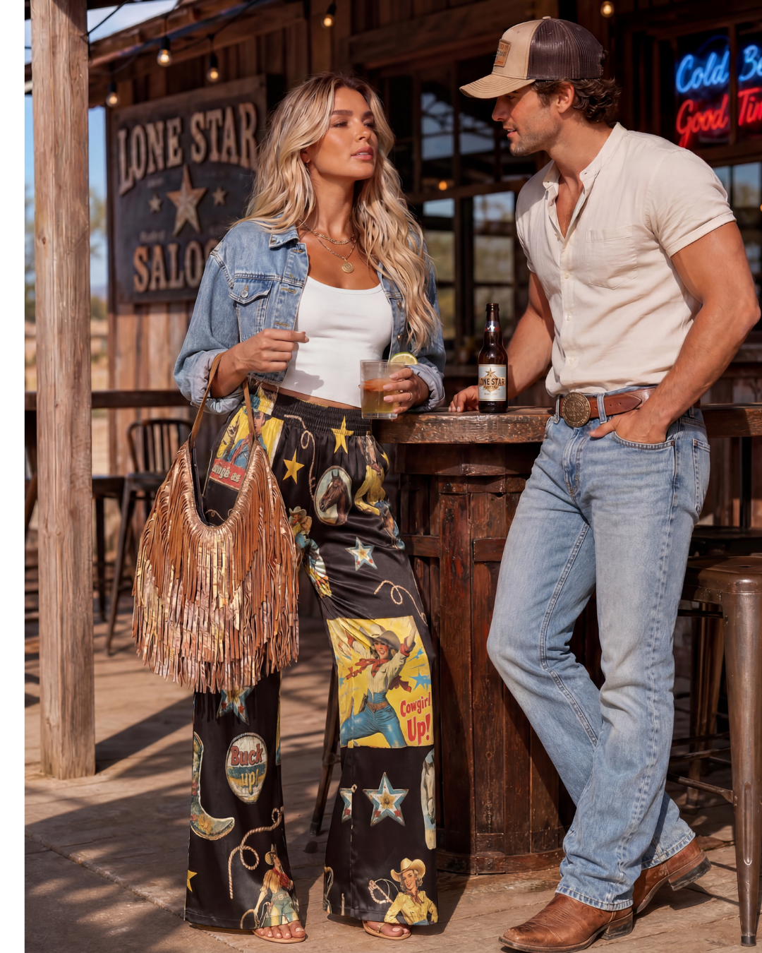 Baha Ranch Vintage Cowgirl Collage High Waisted Wide Leg Pants Inclusive Sizing by Baha Ranch Western Wear