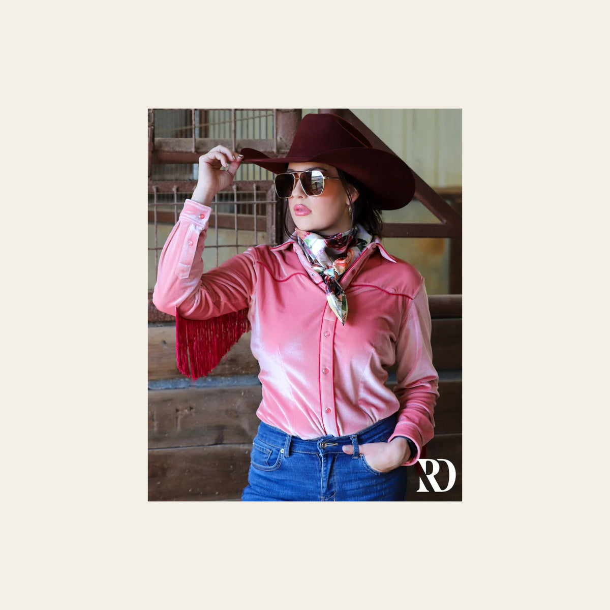 Valentina Velvet Fringe Performance Rodeo Shirt on a warm cream background