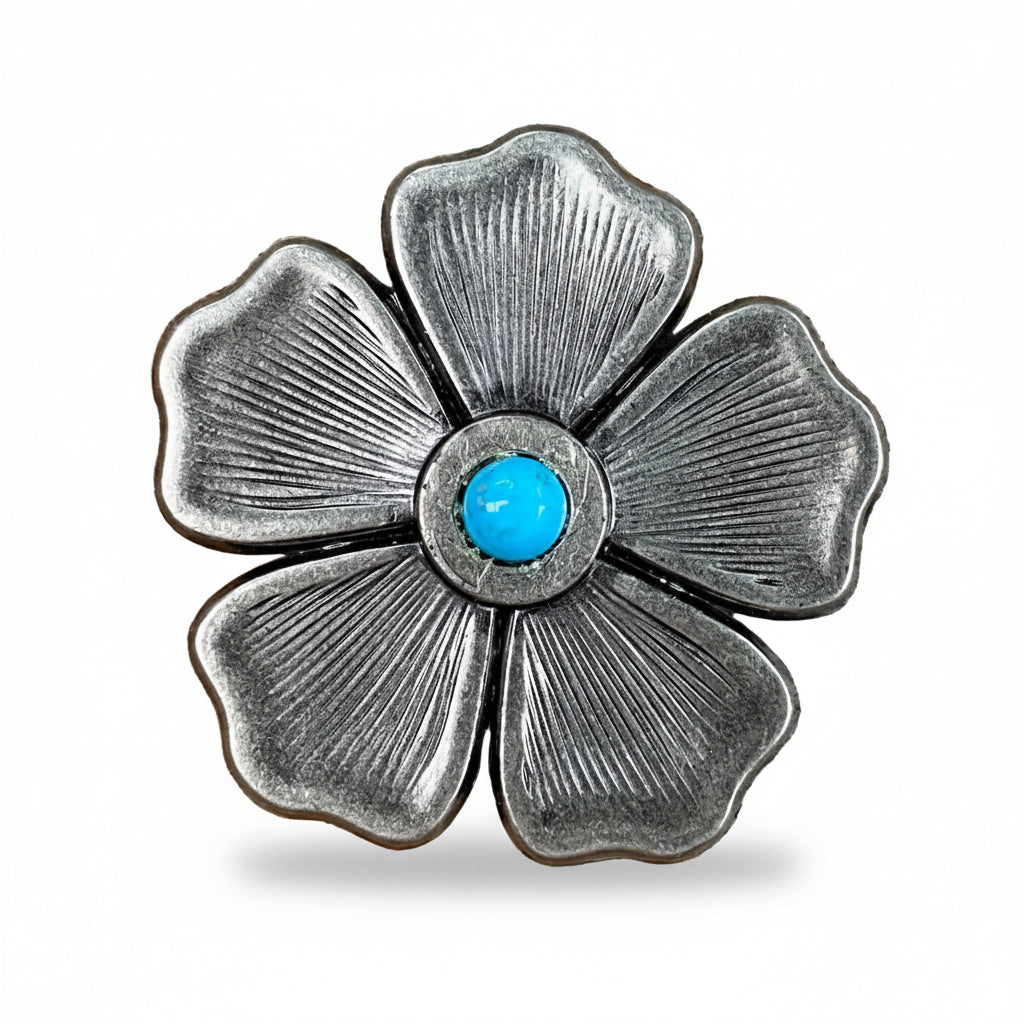 Antique Silver Flower Turquoise Western Concho W110 — view 2