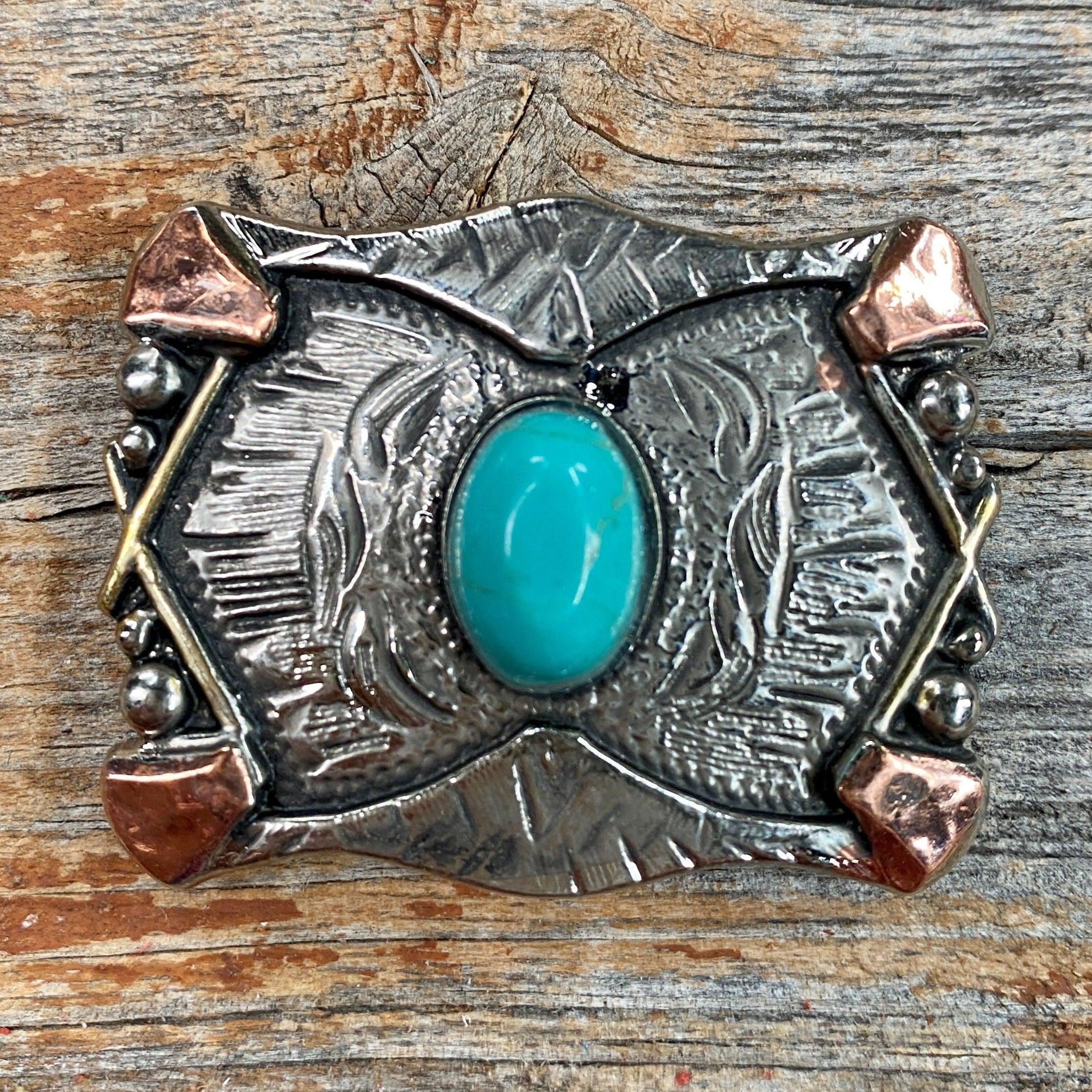 Antique Silver & Copper Turquoise Concho W115L 1.75"