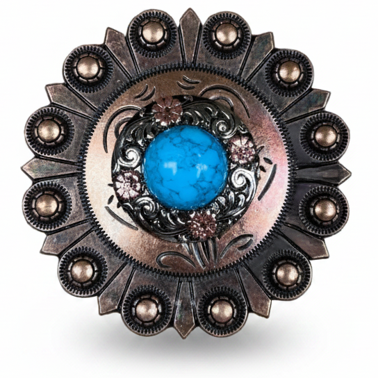 Antique Silver Turquoise Copper Floral Western Concho W222 — view 3