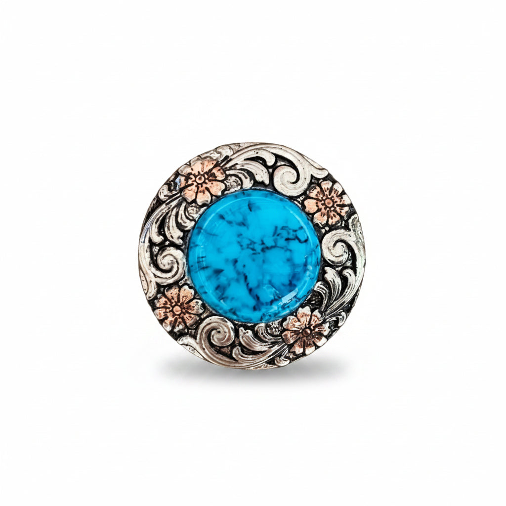 Antique Silver Turquoise Copper Floral Western Concho W222 — view 2