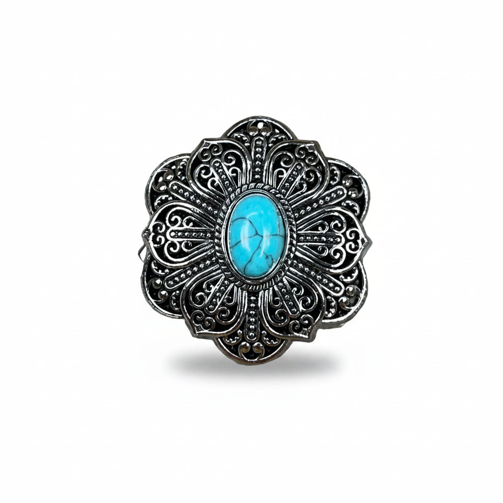 Antique Silver Filigree Floral Turquoise Western Concho W234 — view 2