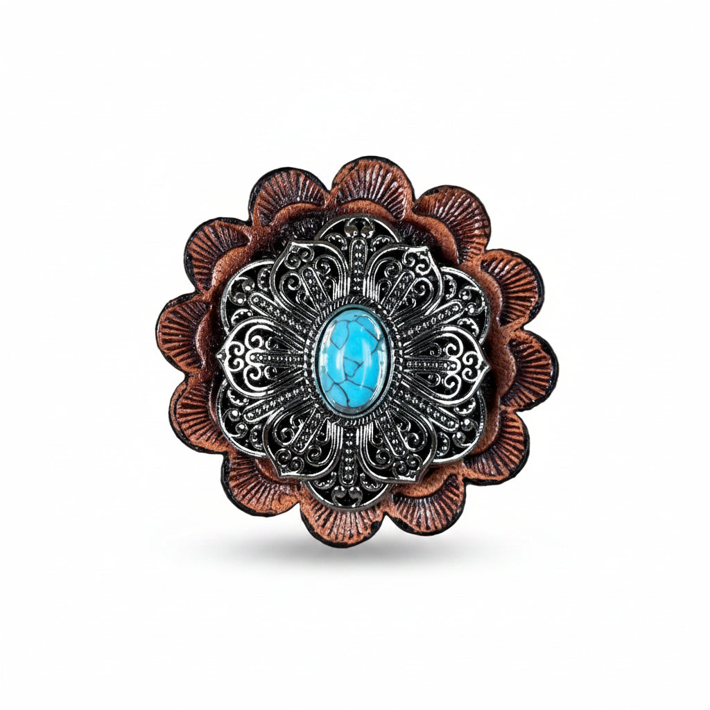 Antique Silver Filigree Floral Turquoise Western Concho W234 — view 5