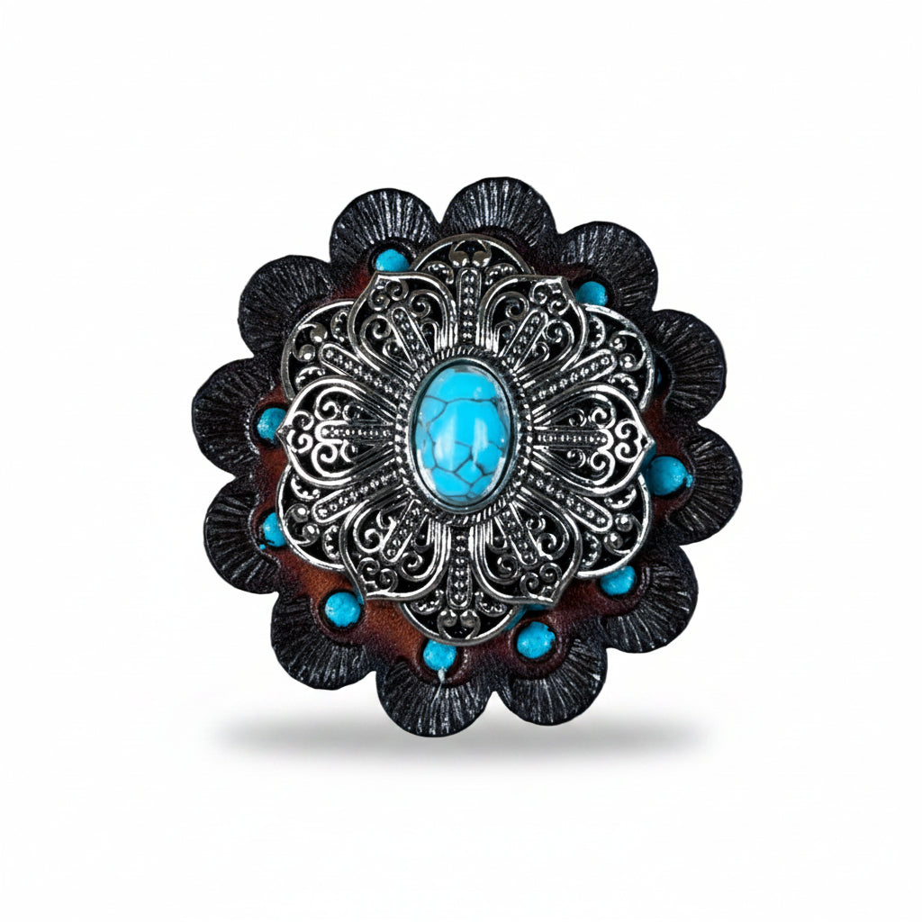 Antique Silver Filigree Floral Turquoise Western Concho W234 — view 6