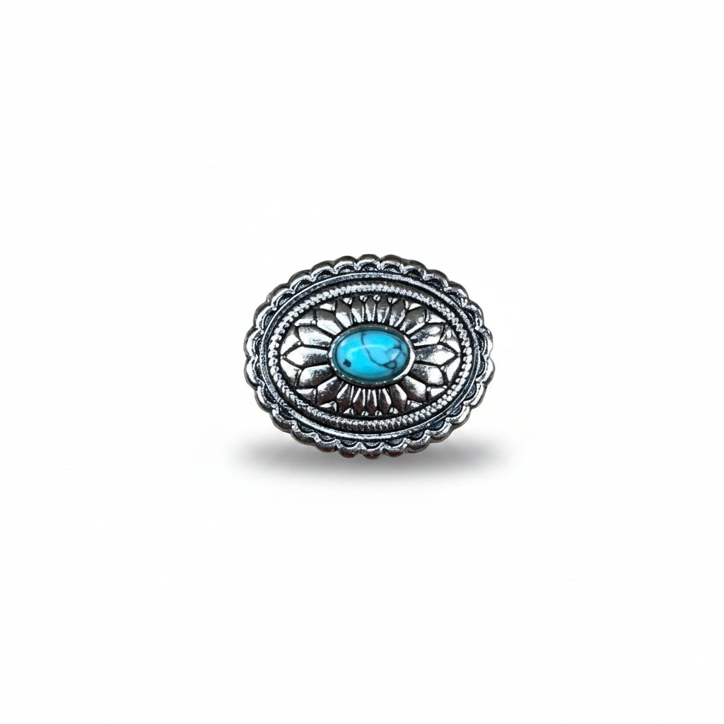 Antique Silver Oval Floral Turquoise Western Concho W237 — view 2