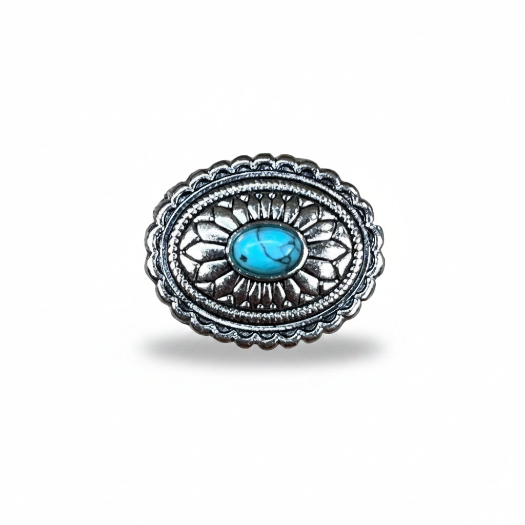 Antique Silver Oval Floral Turquoise Western Concho W237 — view 3