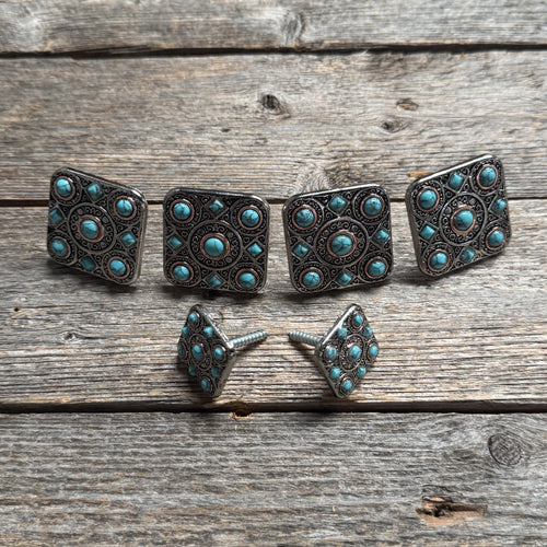 Antique Silver and Copper Square Turquoise Saddle Set SSW243