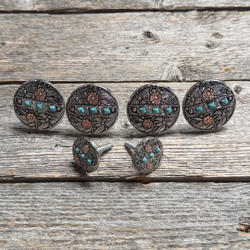 Antique Silver and Copper Turquoise Floral Saddle Set SSW245