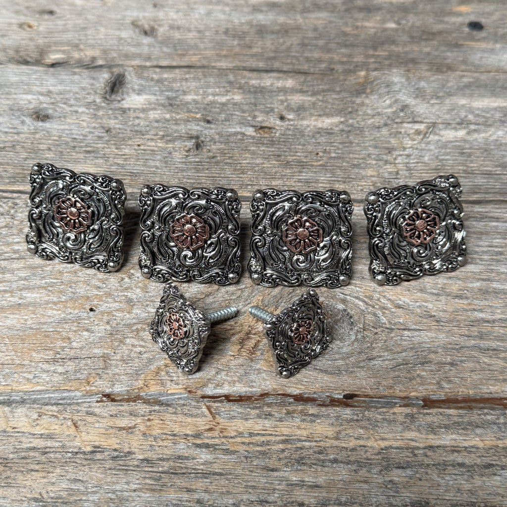 Antique Silver Square Floral Saddle Set SSW247