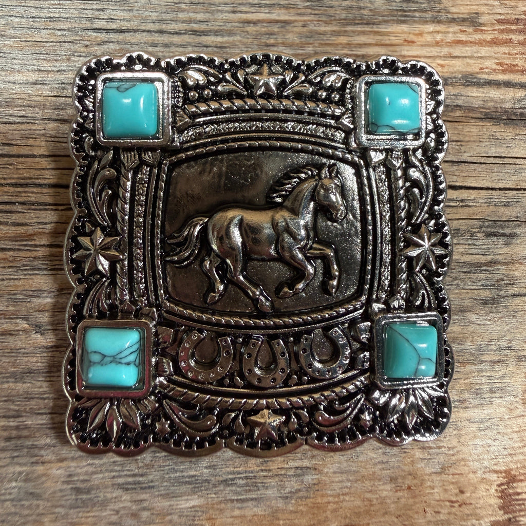 Antique Silver Horse & Turquoise Square Western Concho W259L