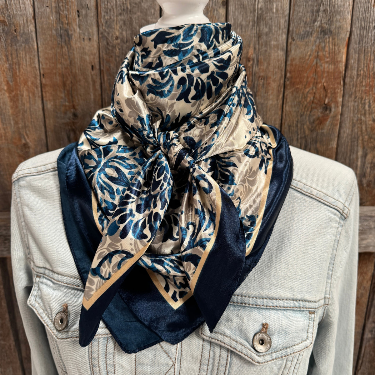 Cream and Blue Floral Wild Rag - Western Scarf