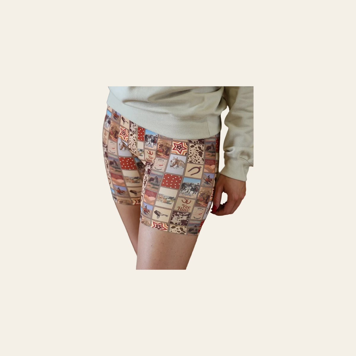 Western Patchwork Biker | Shorts on a warm cream background