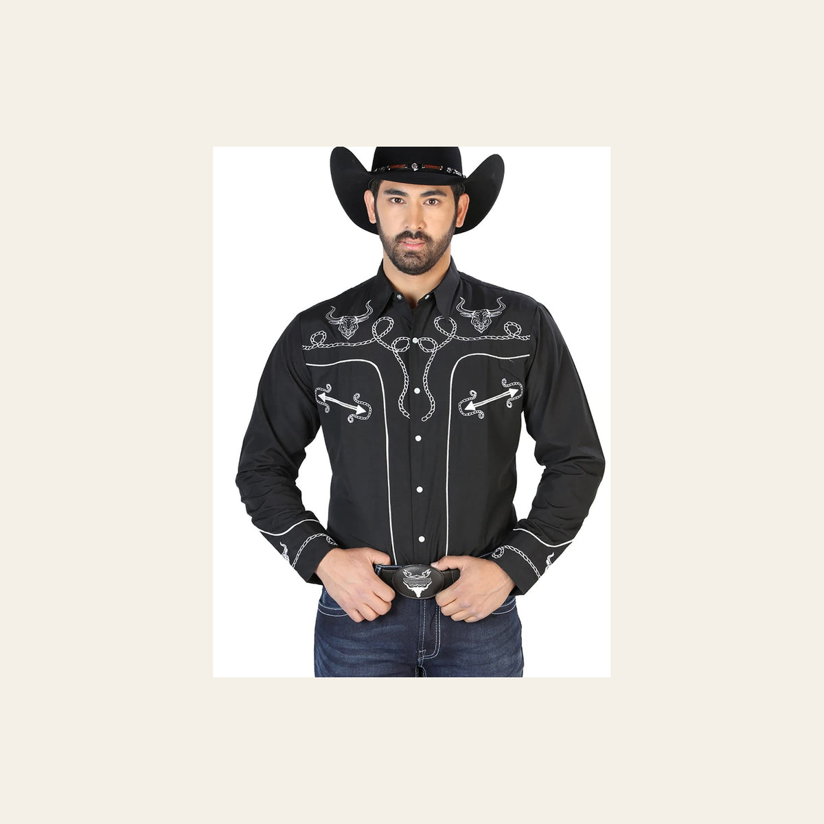 El Señor de los Cielos Embroidery Shirt Black/White 126711 on a warm cream background