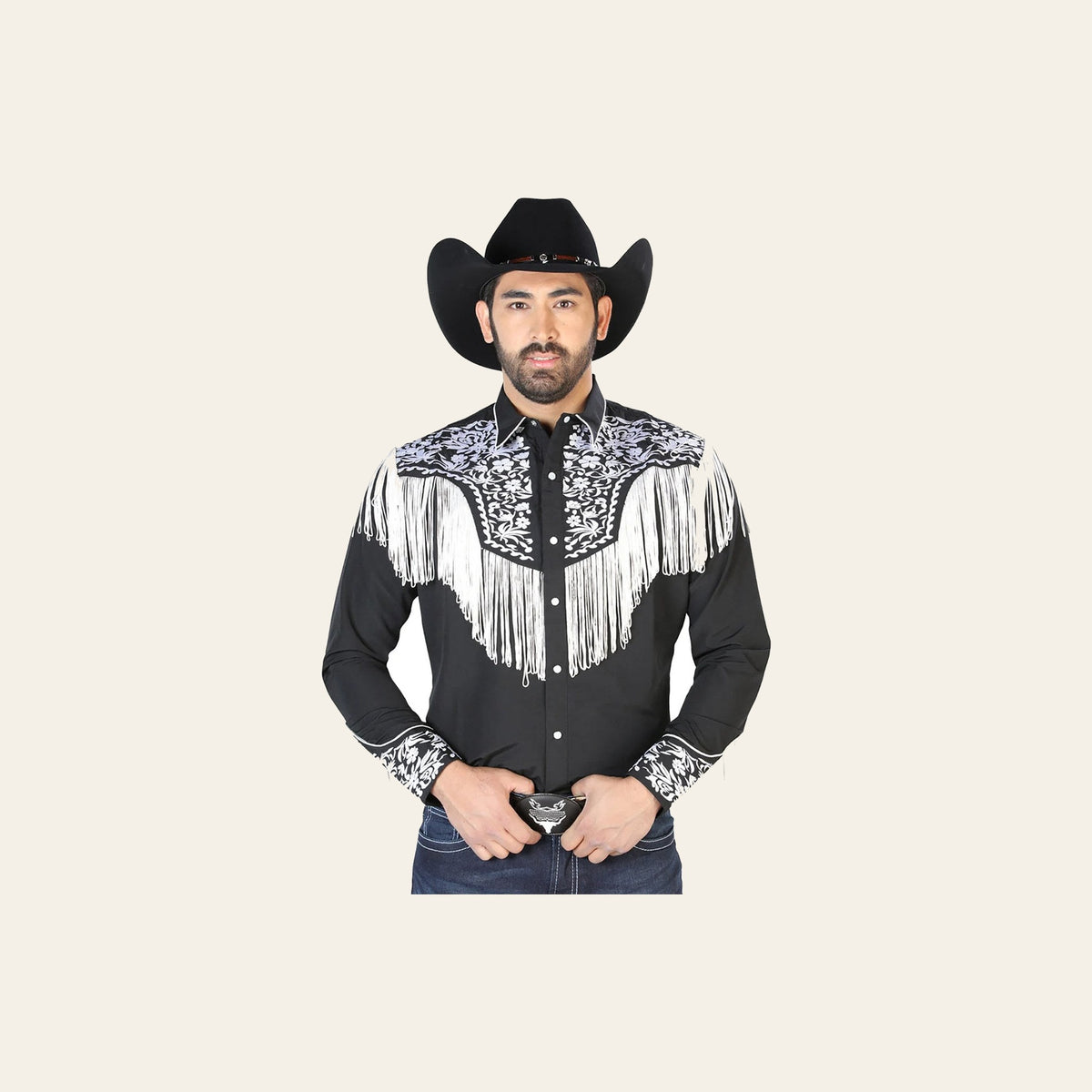 El Señor de los Cielos Embroidery Shirt Black/White 126707 on a warm cream background