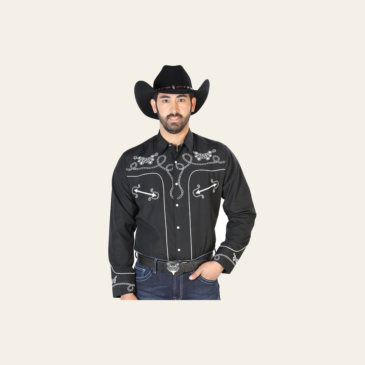 El Señor de los Cielos Embroidery Shirt Black/White 126717 on a warm cream background