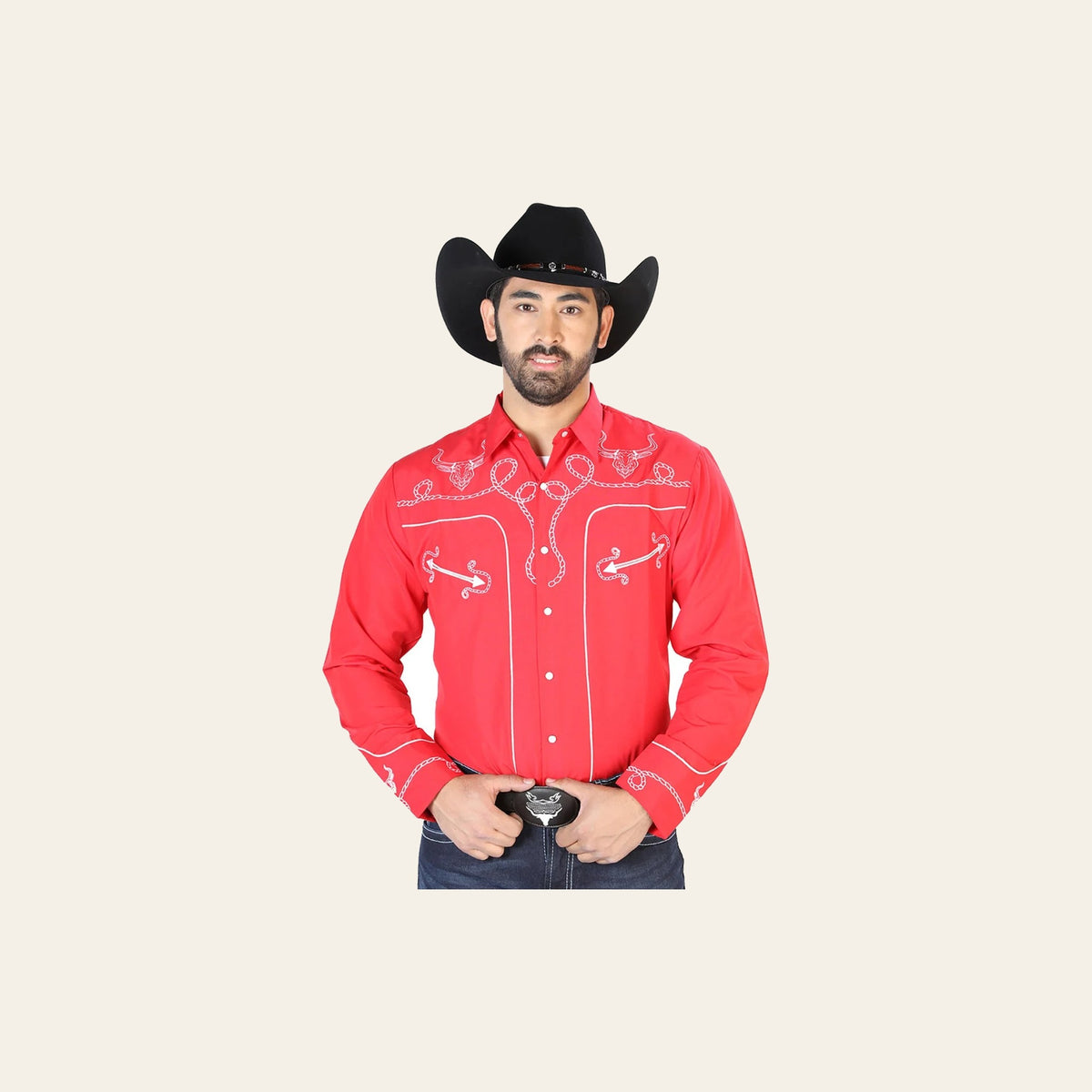 El Señor de los Cielos Embroidery Shirt Red/White 126713 on a warm cream background