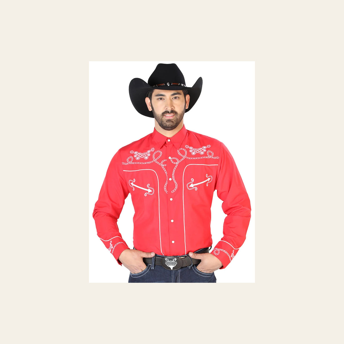 El Señor de los Cielos Embroidery Shirt Red/White 126719 on a warm cream background