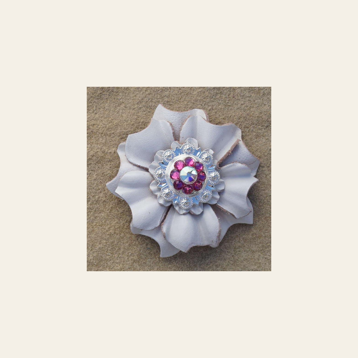 White Carnation Flower With Bright Silver Fuchsia and AB 1" Concho on a warm cream background