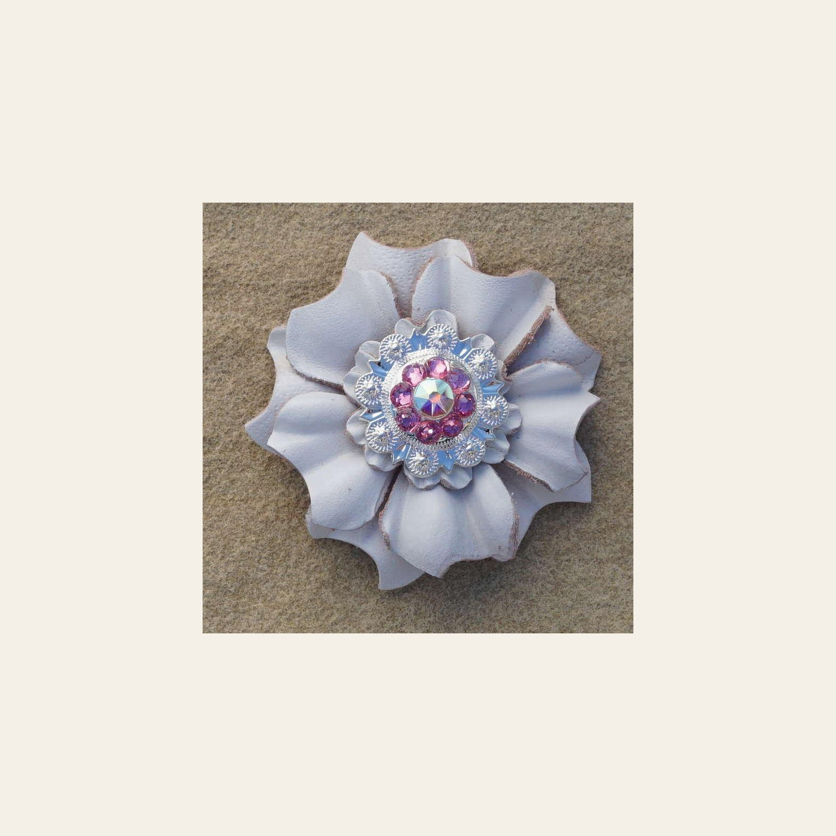 White Carnation Flower With Bright Silver Pink and AB 1" Concho on a warm cream background