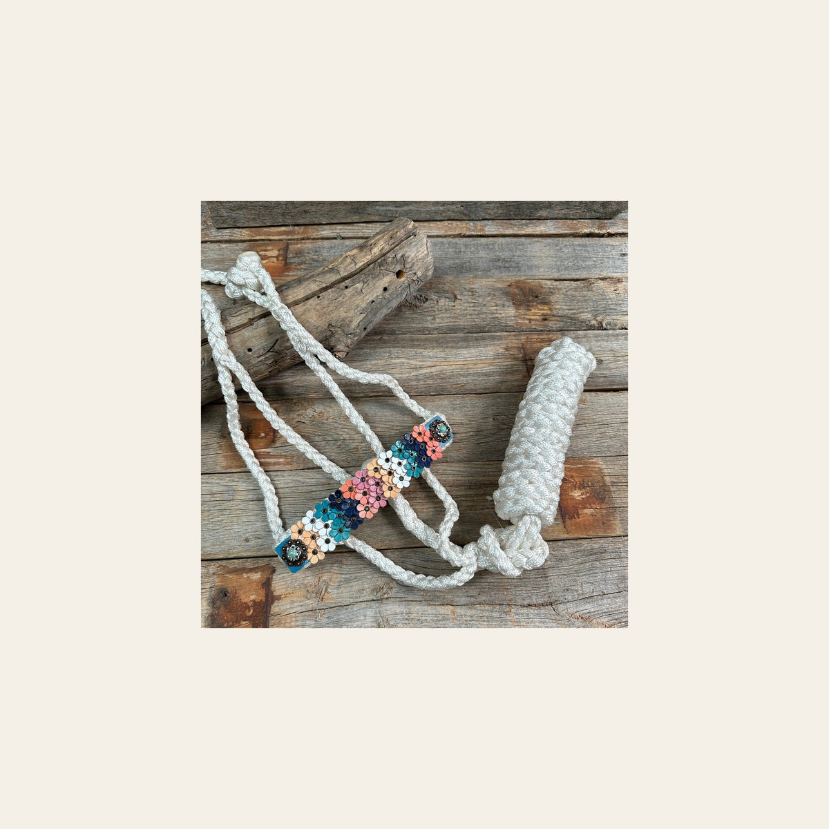 White Mule Tape Halter - Multi Floral and Turquoise #MT231 on a warm cream background