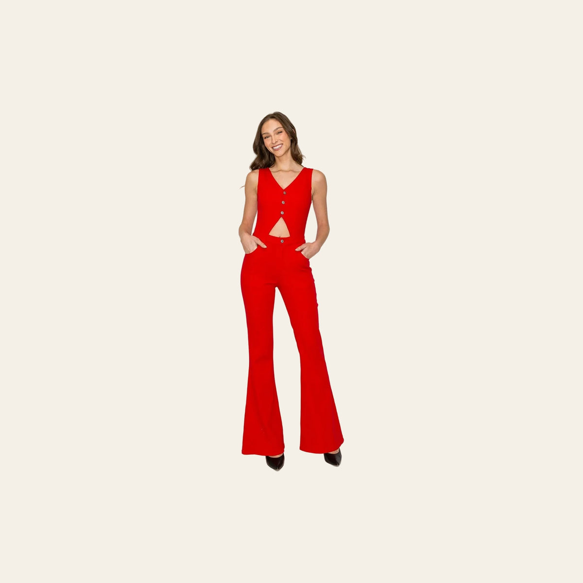 Wisteria Red Denim | Jumpsuit on a warm cream background