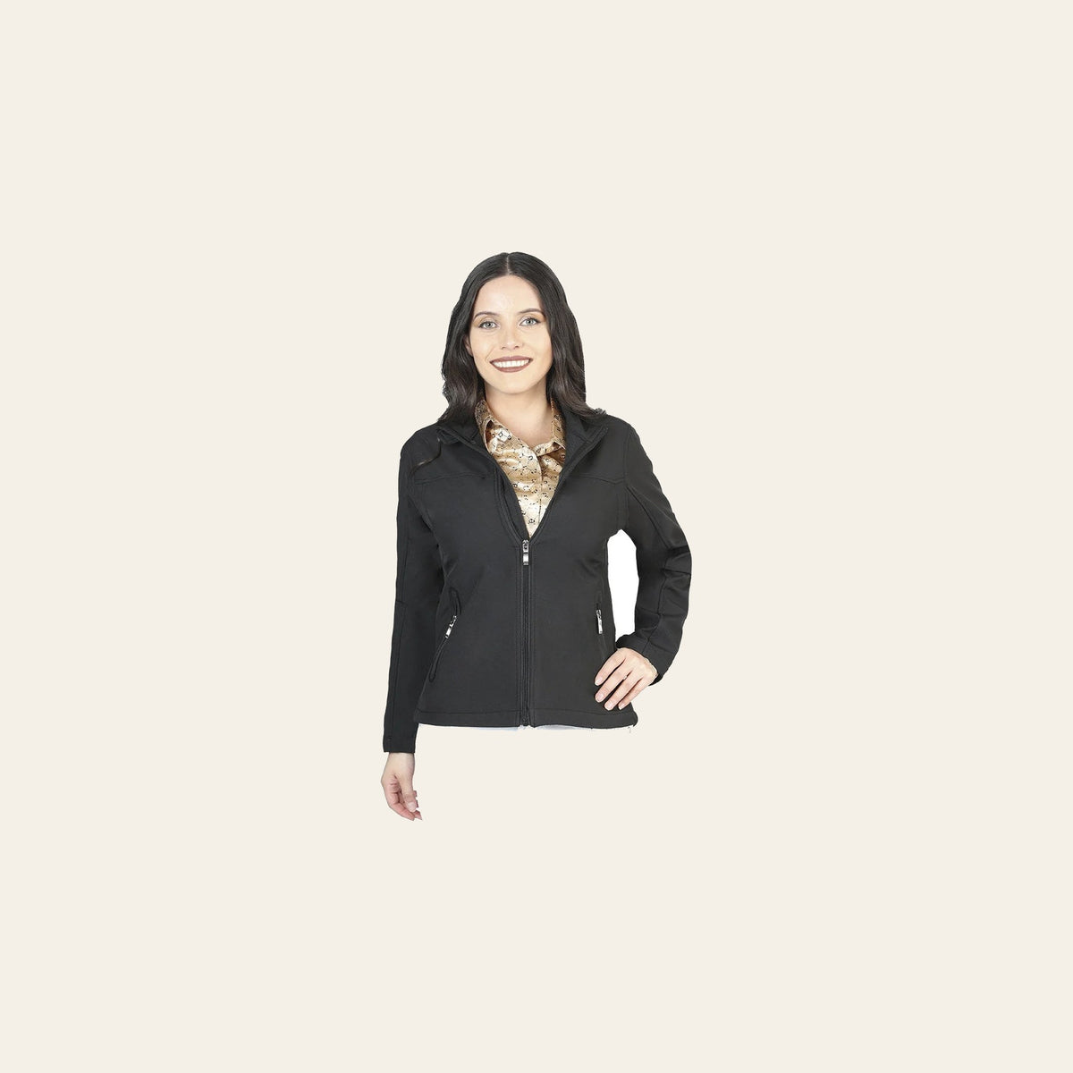 Womens Zipper Jacket Black 127081 on a warm cream background