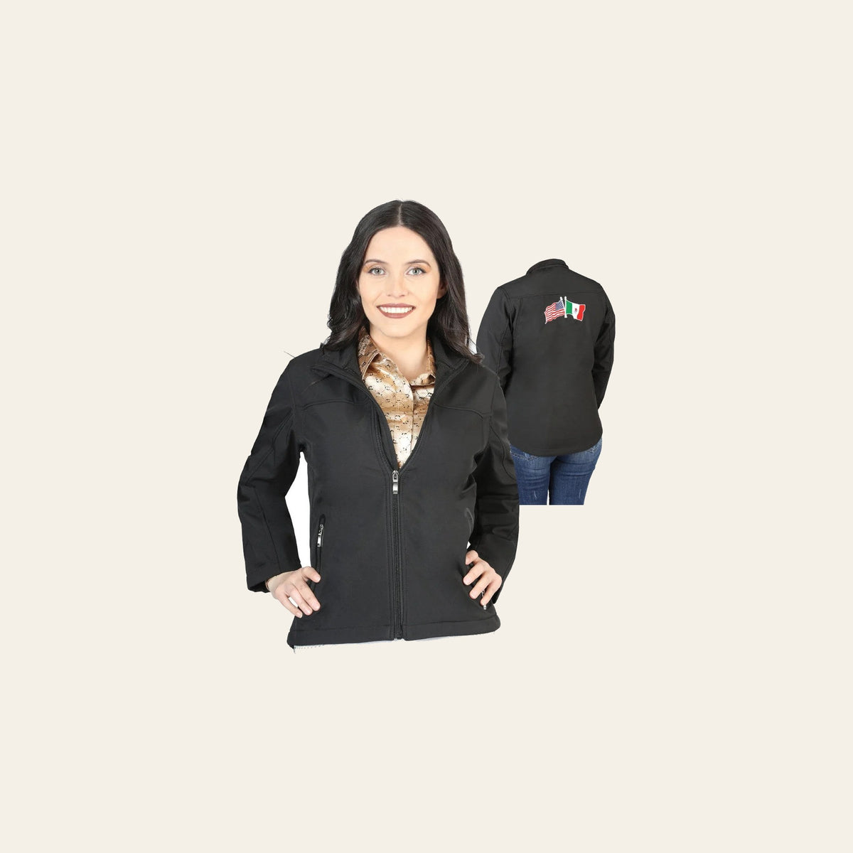 Womens Zipper Jacket Black 127084 on a warm cream background