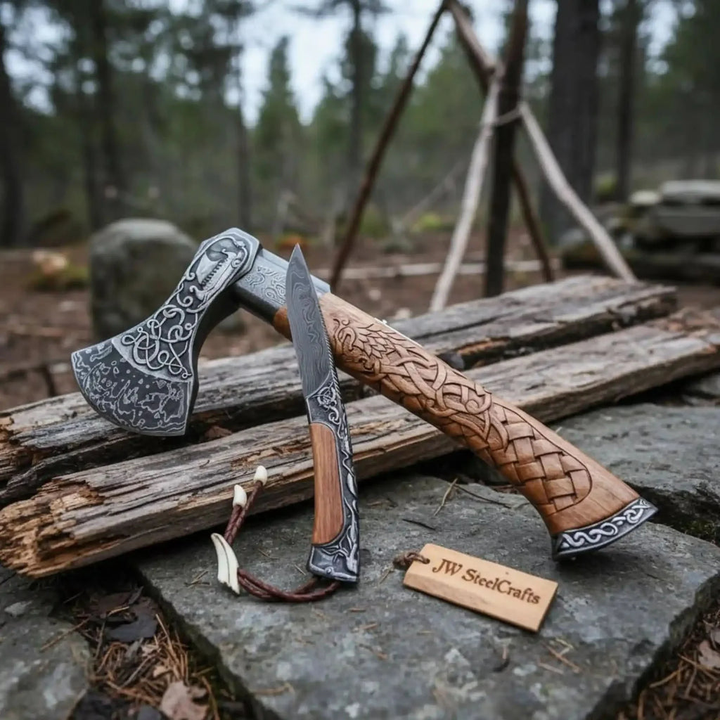 Wolf's Fang Viking Axe & Knife Set with Carved Hardwood Handle