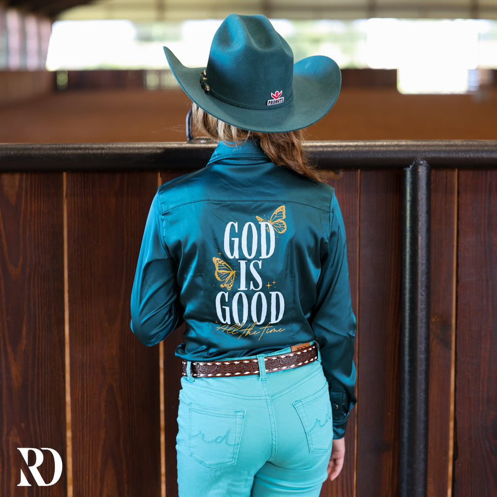 *youth* God Is Good Deep Teal Satin Performance Rodeo Shirt — view 2