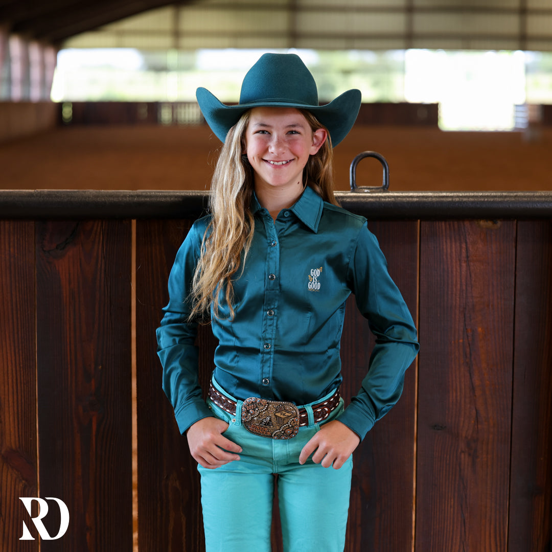 *youth* God Is Good Deep Teal Satin Performance Rodeo Shirt