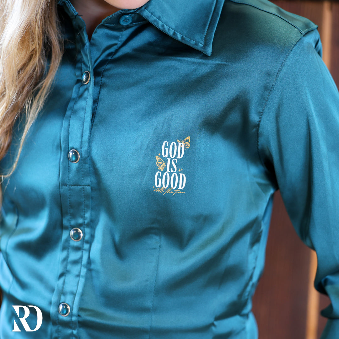 *youth* God Is Good Deep Teal Satin Performance Rodeo Shirt — view 3