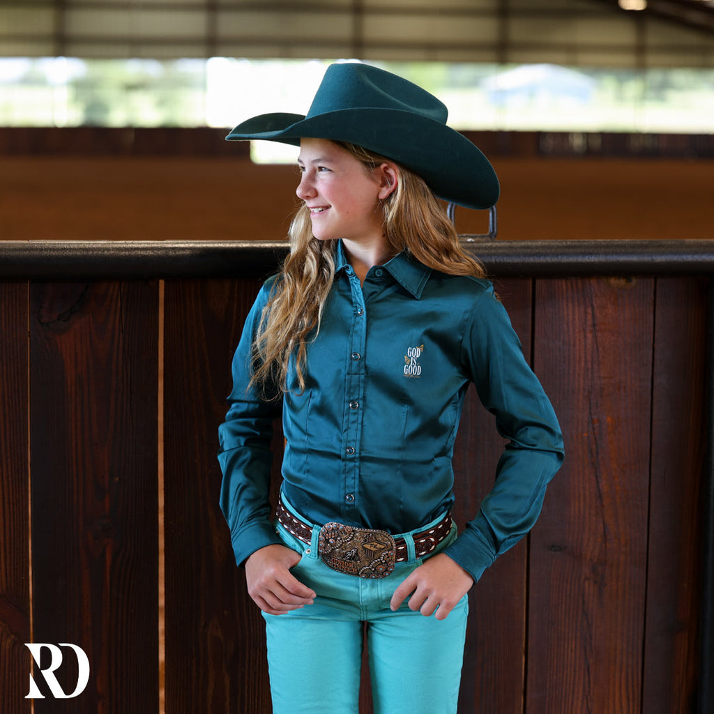 *youth* God Is Good Deep Teal Satin Performance Rodeo Shirt — view 4