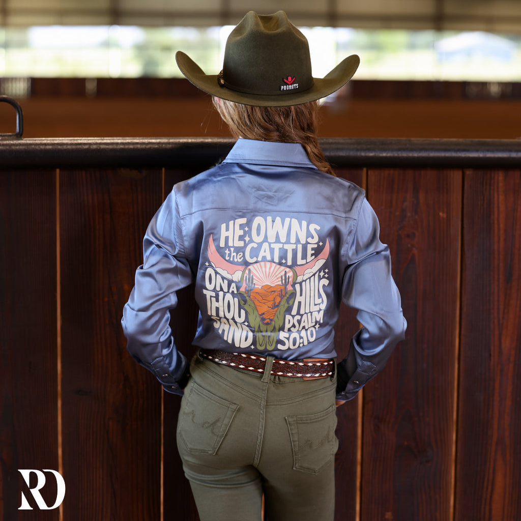 *youth* He Owns The Cattle Dusty Blue Satin Performance Rodeo Shirt — view 2