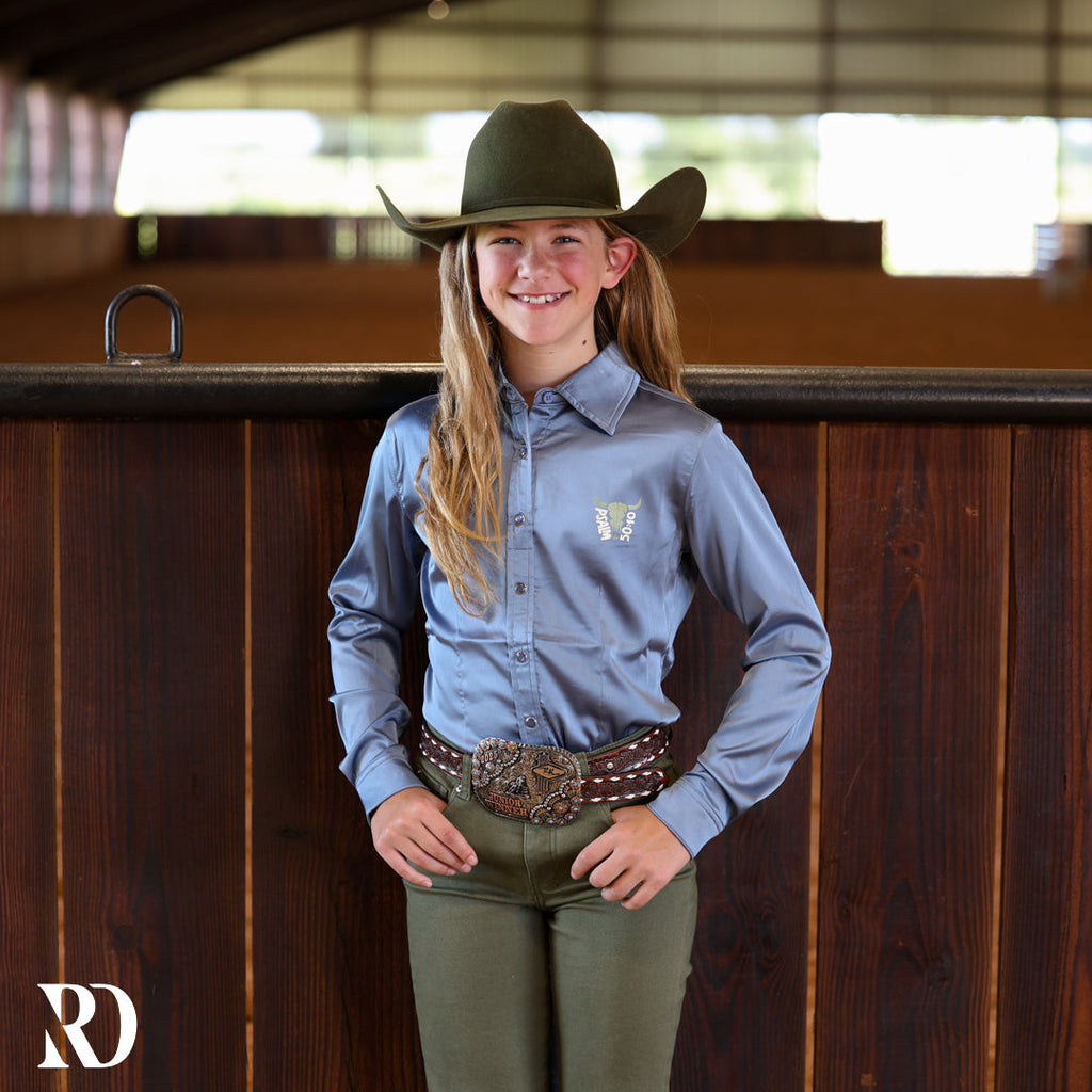 *youth* He Owns The Cattle Dusty Blue Satin Performance Rodeo Shirt
