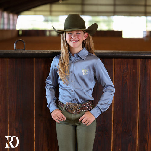 *youth* He Owns The Cattle Dusty Blue Satin Performance Rodeo Shirt