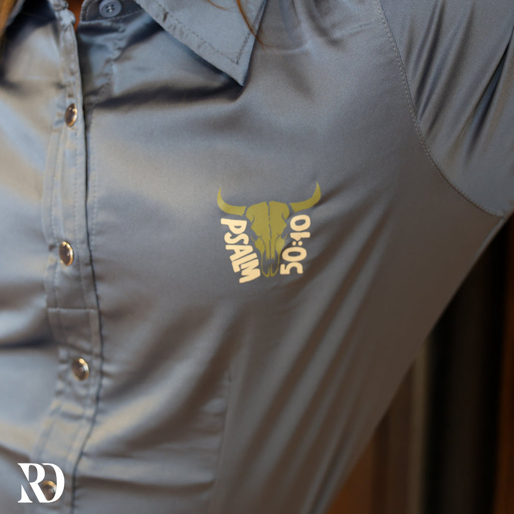 *youth* He Owns The Cattle Dusty Blue Satin Performance Rodeo Shirt — view 4
