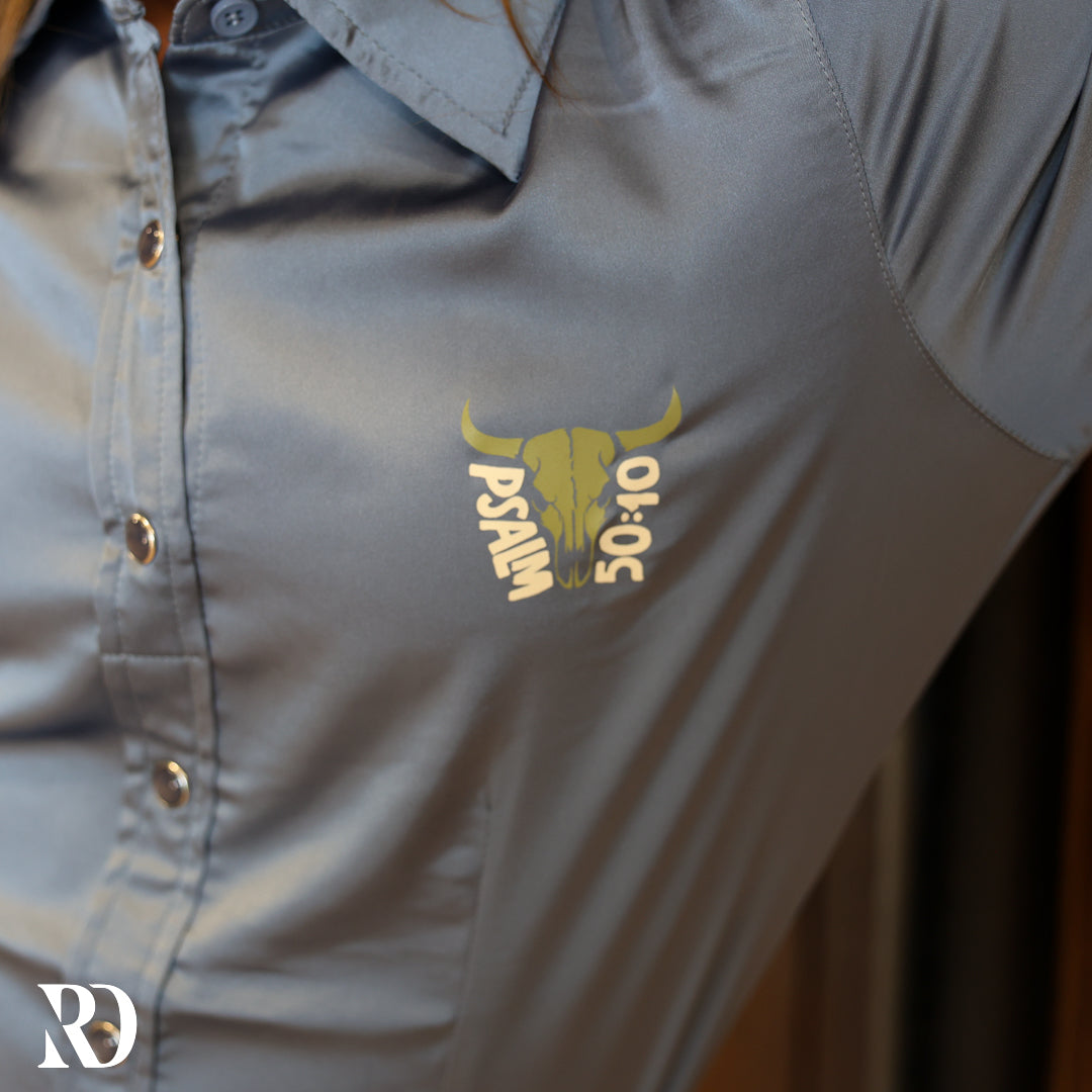 *youth* He Owns The Cattle Dusty Blue Satin Performance Rodeo Shirt — view 4