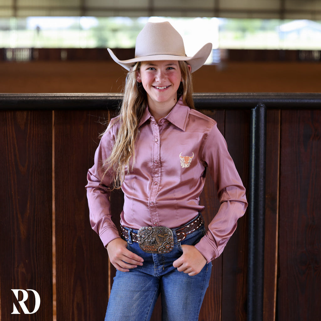 *youth* He Owns The Cattle Mauve Satin Performance Rodeo Shirt