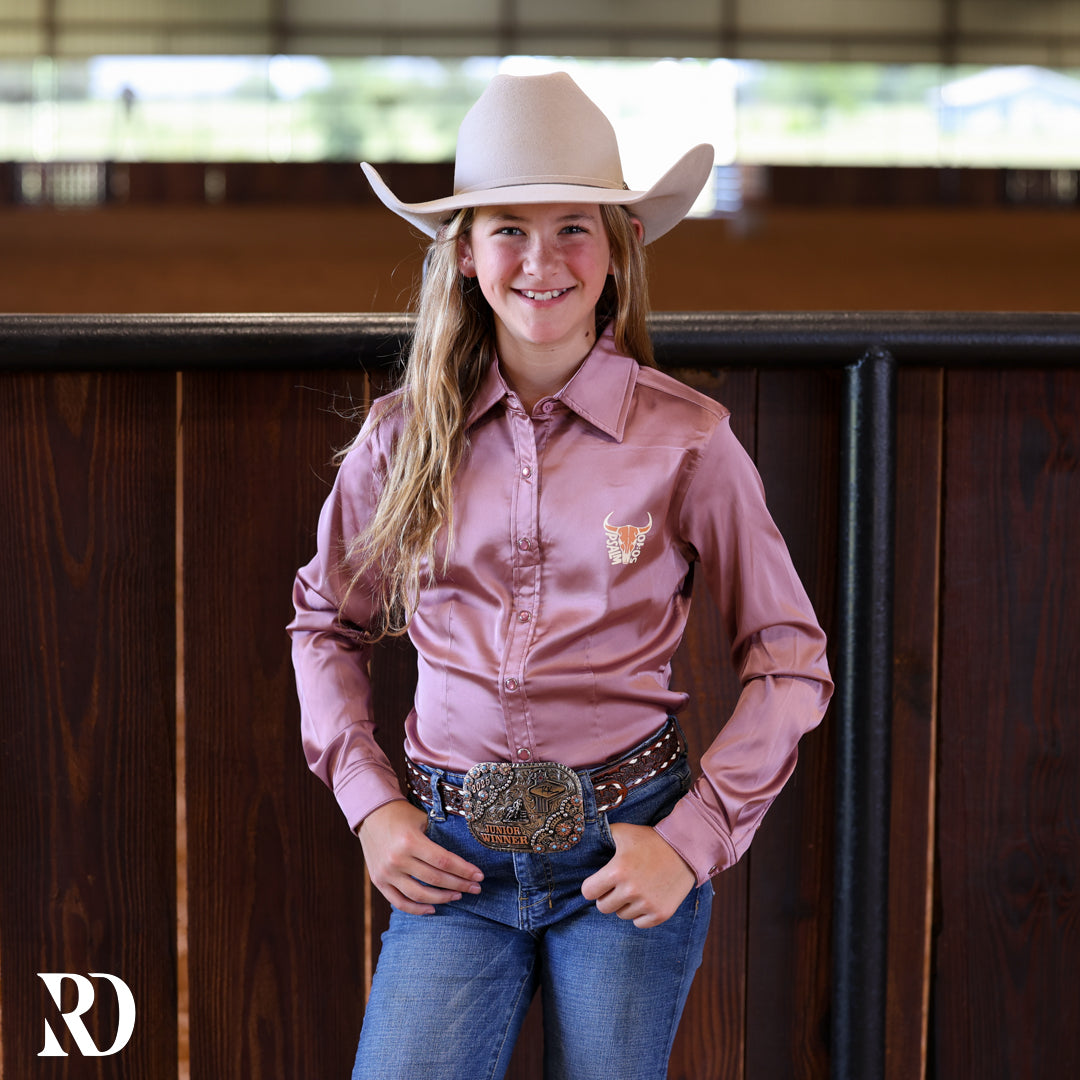 *youth* He Owns The Cattle Mauve Satin Performance Rodeo Shirt