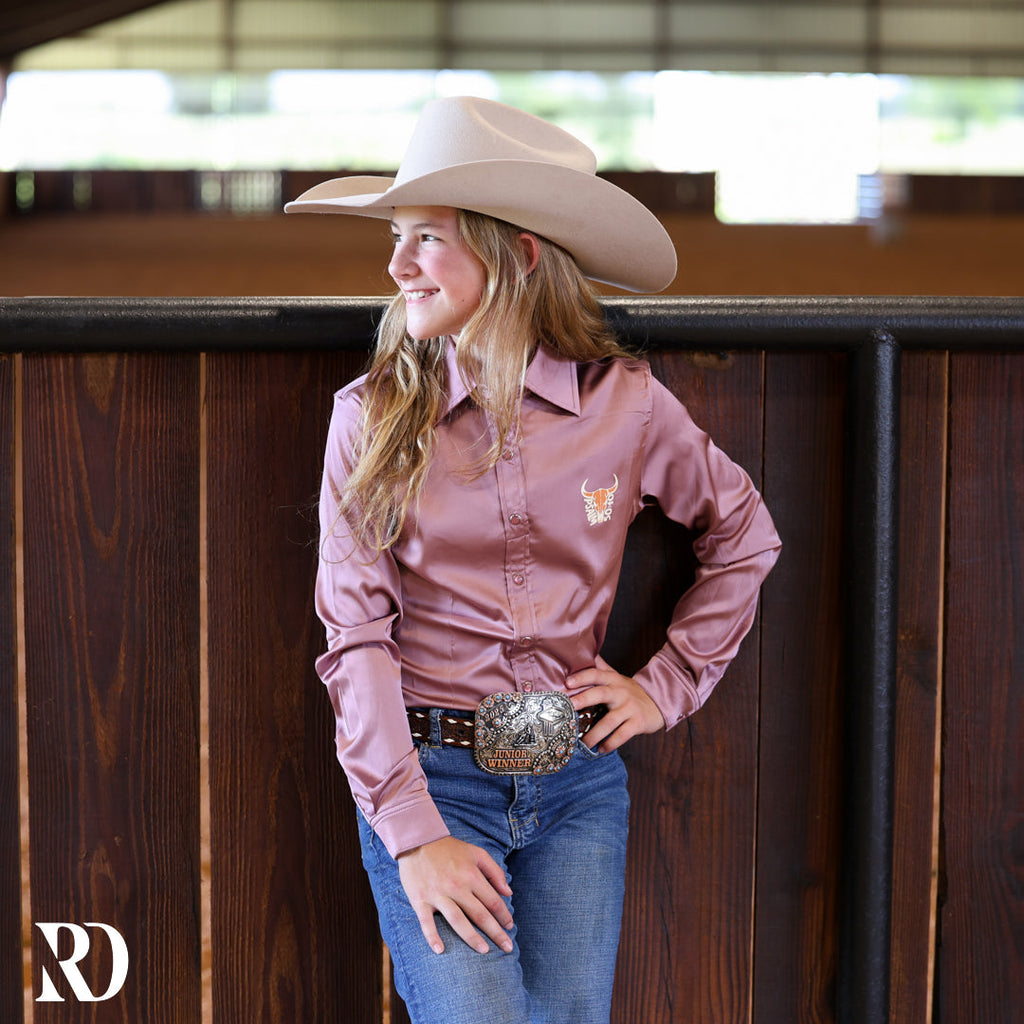 *youth* He Owns The Cattle Mauve Satin Performance Rodeo Shirt — view 3