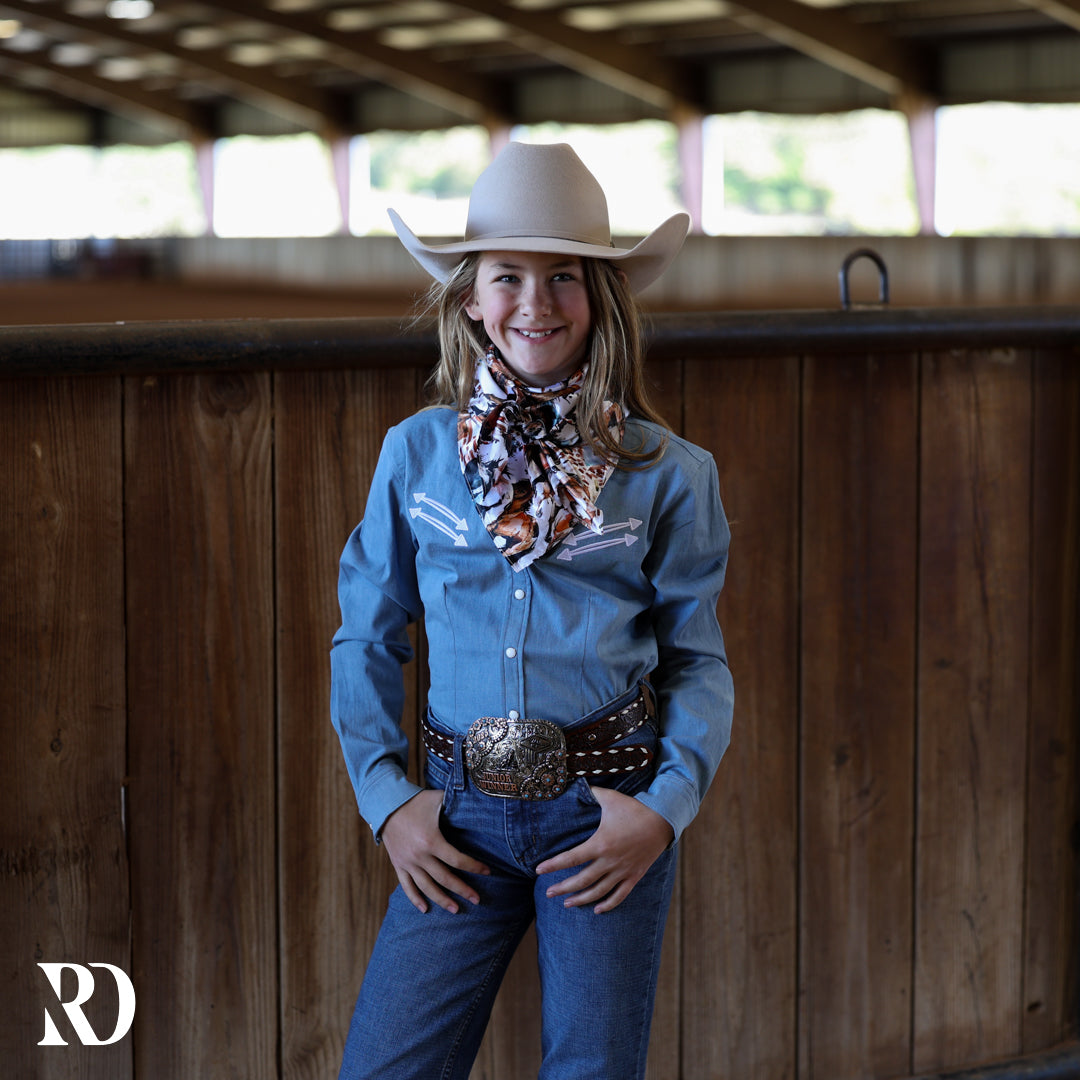 *youth* Light Wash Stretch Denim Stitched Performance Rodeo Shirt